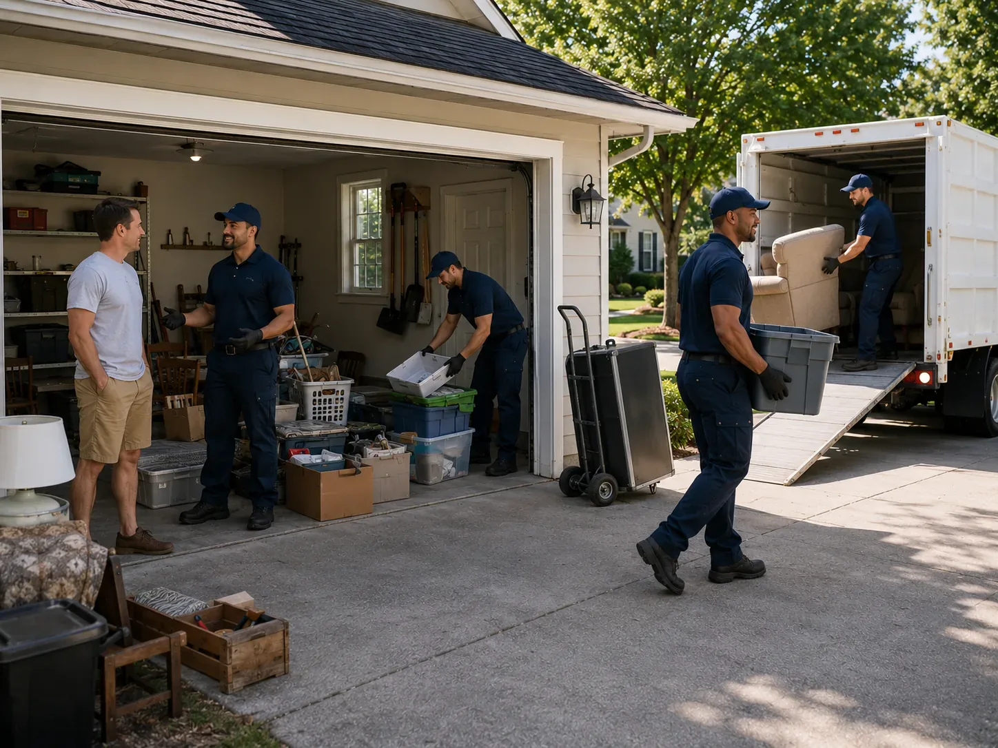 Crew mid-cleanout during a garage job