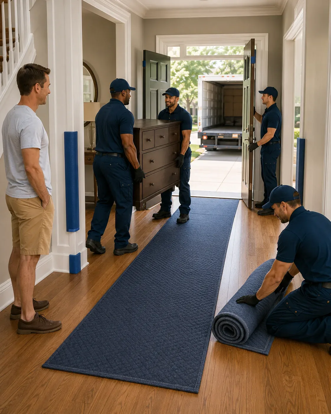 Crew member carefully protecting a customer's floors and doorways